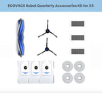 Official ECOVACS quarterly replacement kit for DEEBOT X5 OMNI robot vacuum & mop.  Contains 1 anti-tangle main roller brush, 2 precision side brushes, 3 high-efficiency filters, 3 auto-seal dust bags and 4 reusable microfiber mop pads.  Genuine OEM parts ensure perfect fit, peak suction and streak-free mopping for three full months—easy drop-in installation.