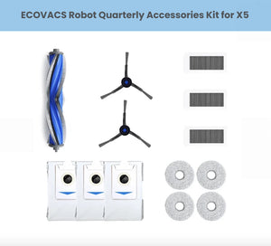 Official ECOVACS quarterly replacement kit for DEEBOT X5 OMNI robot vacuum & mop.  Contains 1 anti-tangle main roller brush, 2 precision side brushes, 3 high-efficiency filters, 3 auto-seal dust bags and 4 reusable microfiber mop pads.  Genuine OEM parts ensure perfect fit, peak suction and streak-free mopping for three full months—easy drop-in installation.