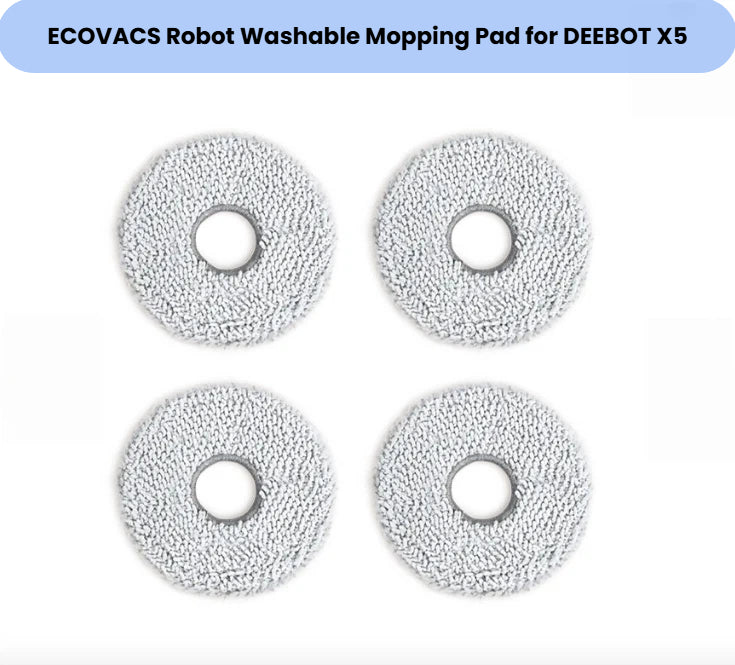 Official 4-pack of reusable, machine-washable microfiber mopping pads for ECOVACS DEEBOT X5 OMNI robot vacuum & mop.  Ultra-absorbent fibers deliver streak-free cleaning on hardwood, tile and laminate floors.  Easy hook-and-loop attachment, durable for hundreds of wash cycles—genuine OEM quality for perfect fit and optimal mopping performance.