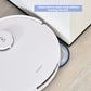 A white Ecovacs Deebot T30 Pro Omni robot vacuum cleaner cleaning near a wall without touching it. The text overlay reads, 'Cleans hard to reach areas without touching the wall