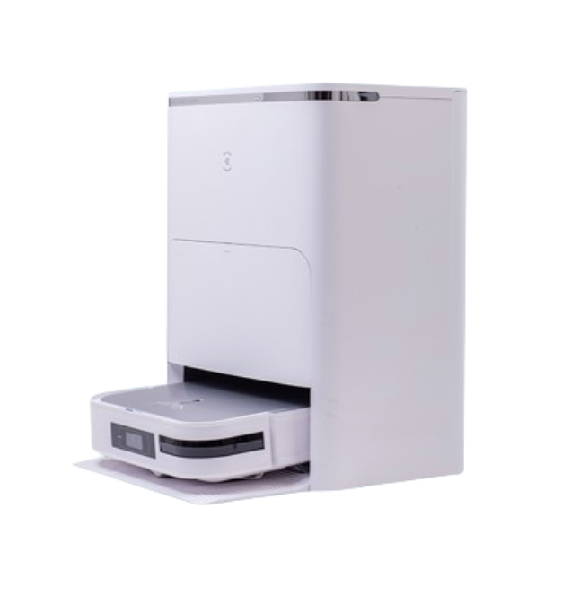 A white Ecovacs Deebot X2 Omni robot vacuum cleaner docked in its minimalistic charging and cleaning station. The vacuum's front sensors are visible, and the station has a sleek, modern design with a small logo on the front.
