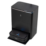 Image of the Ecovacs X5 Pro Omni, a sleek, black robot vacuum cleaner with its charging and cleaning base. The robot is docked in the station, featuring a modern design with a glowing blue indicator light on the front of the robot. The station has a minimalist look, designed for automatic cleaning and maintenance of the robot