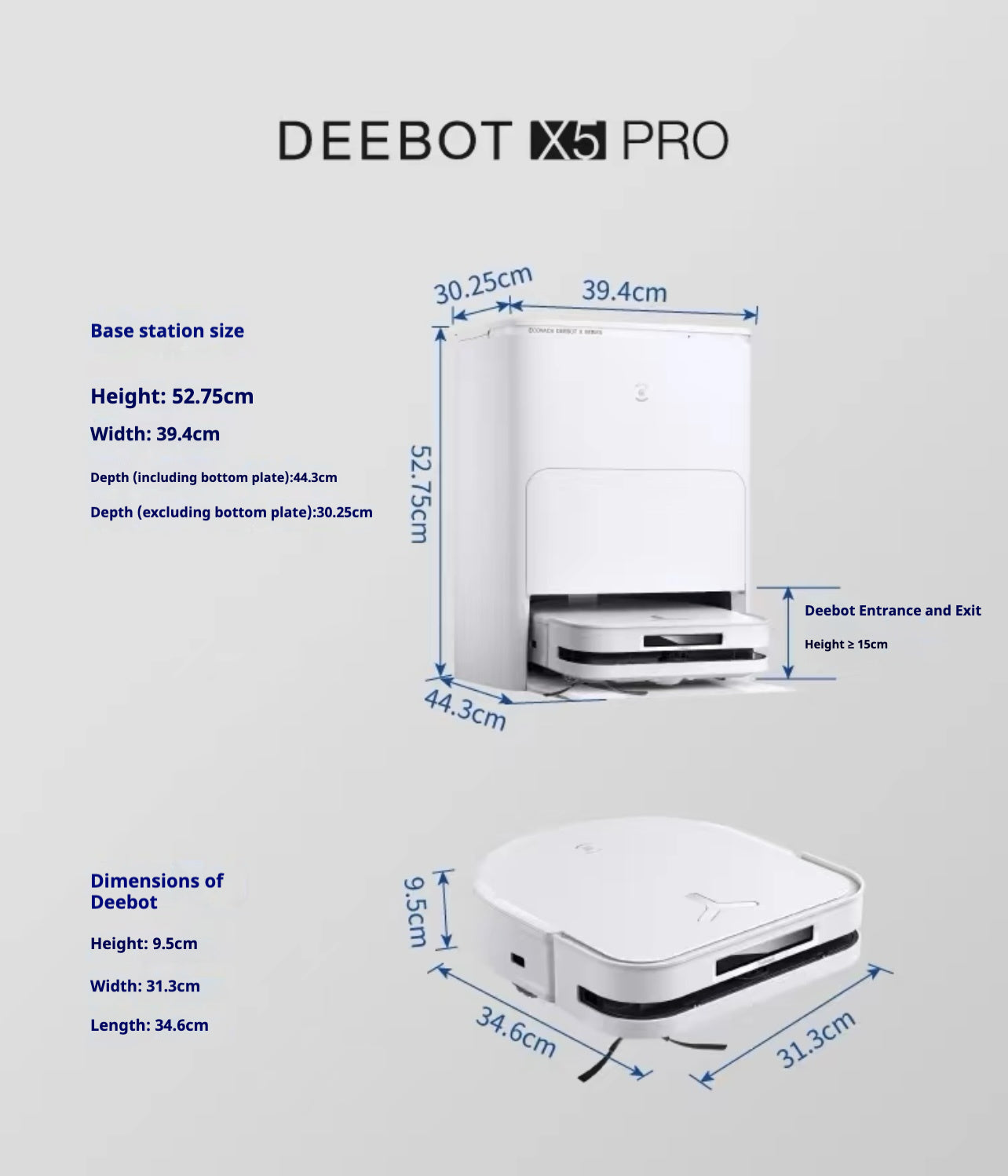 Image of the Ecovacs X5 Pro Omni, and its dimensions and measurements