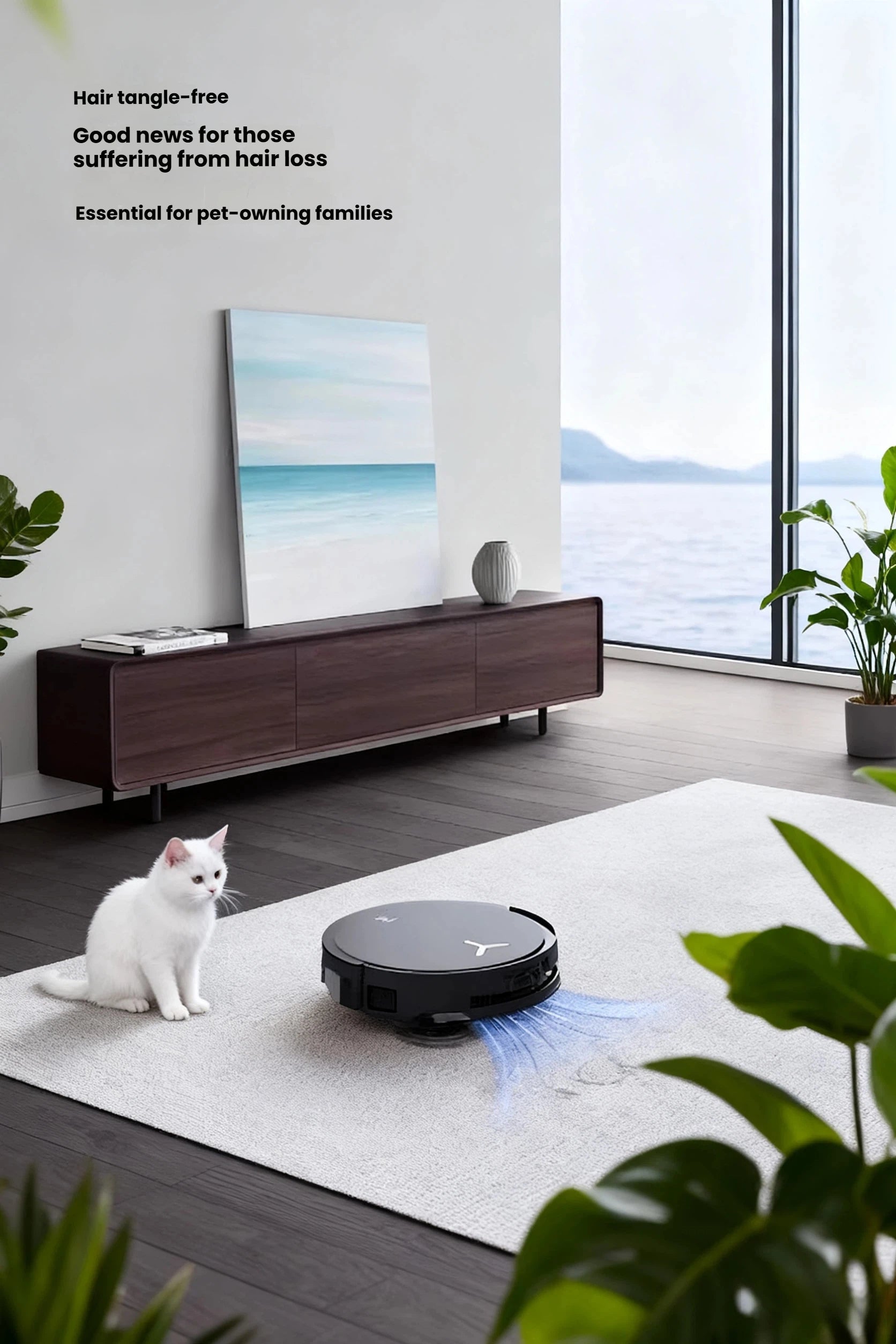 The sleek, black ECOVACS Deebot X8 Pro Omni cleaning a rug in a modern living room while a white cat sits nearby. This image highlights the vacuum's hair tangle-free design, making it essential for pet-owning families.