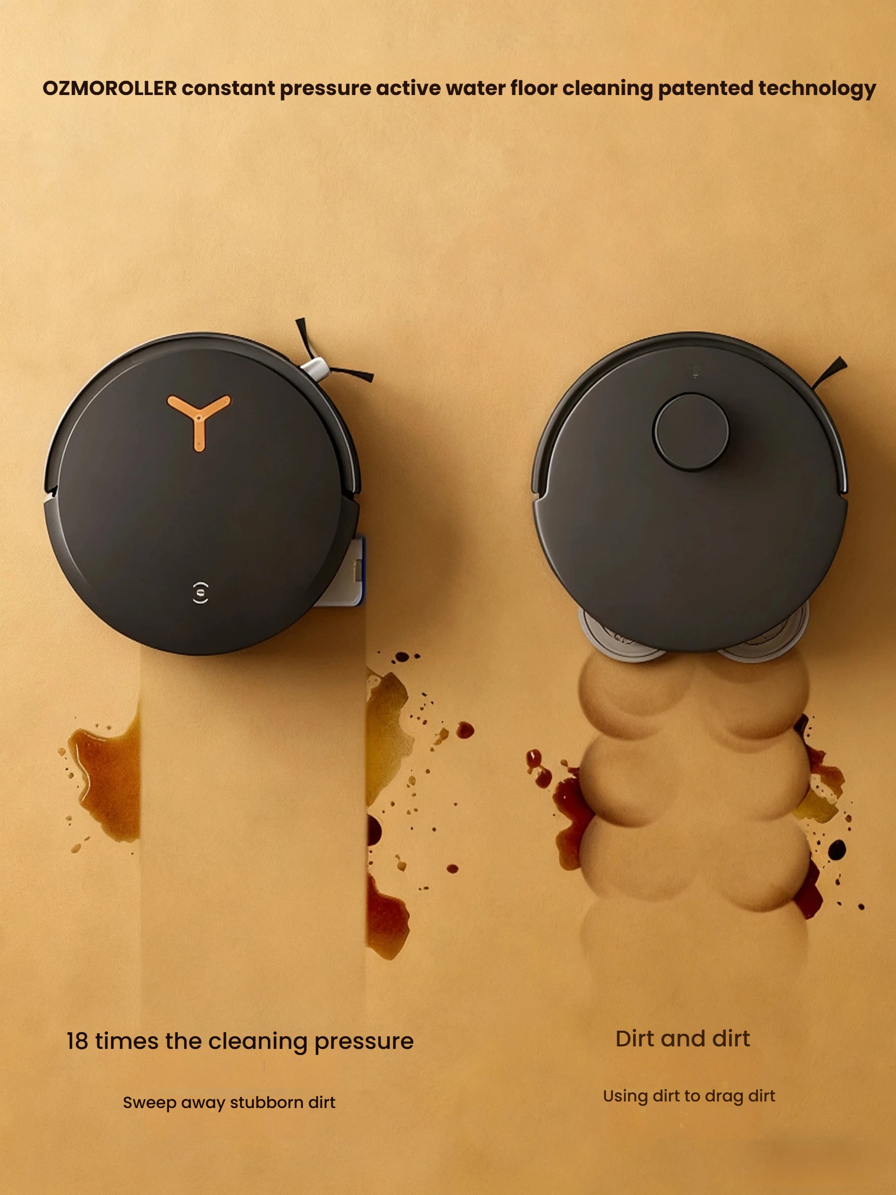 A top-down comparison showing the ECOVACS Deebot X8 Pro Omni's OZMOROLLER completely removing a stubborn coffee stain, while a conventional robot mop smears the dirt. This demonstrates its superior cleaning pressure.