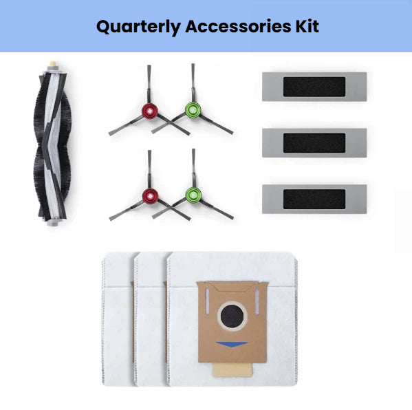 Official ECOVACS quarterly accessory kit for DEEBOT T9+, N8+, T8+ & N10 PLUS: 1 main brush, 4 side brushes (2 red/2 green), 3 high-efficiency filters & 3 disposable dust bags.