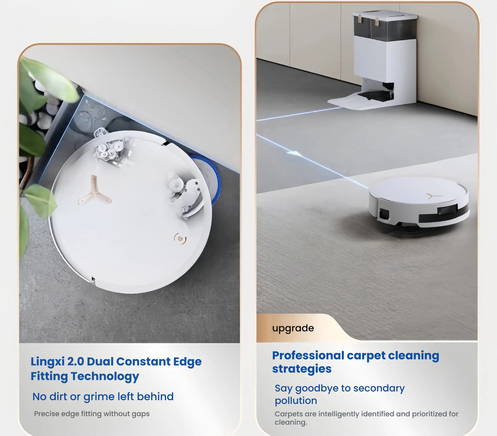 A two-panel image highlighting the ECOVACS T50 Pro Omni's advanced cleaning. The left shows Lingxi 2.0 Dual Constant Edge Fitting Technology for gap-free cleaning in corners. The right shows the robot intelligently identifying and prioritizing carpets to prevent secondary pollution.