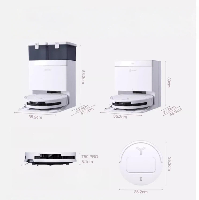 A diagram showing the precise measurements of the white ECOVACS T50 Pro Omni robot vacuum (8.1cm height, 35.2cm diameter) and its two compatible all-in-one base station options.