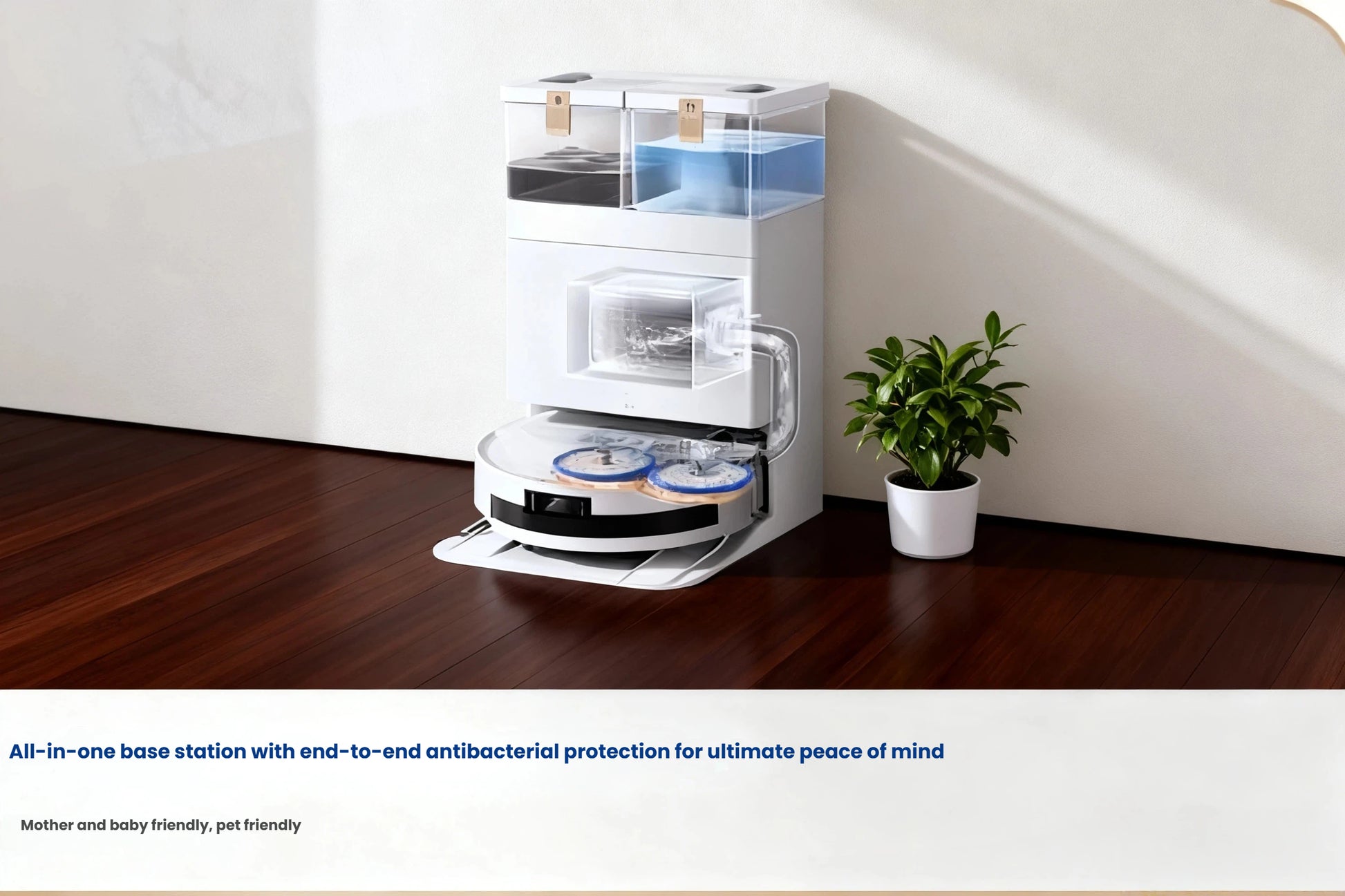  The white ECOVACS T50 Pro Omni docked at its all-in-one base station, which provides end-to-end antibacterial protection. The station is shown to be mother, baby, and pet friendly for ultimate peace of mind.
