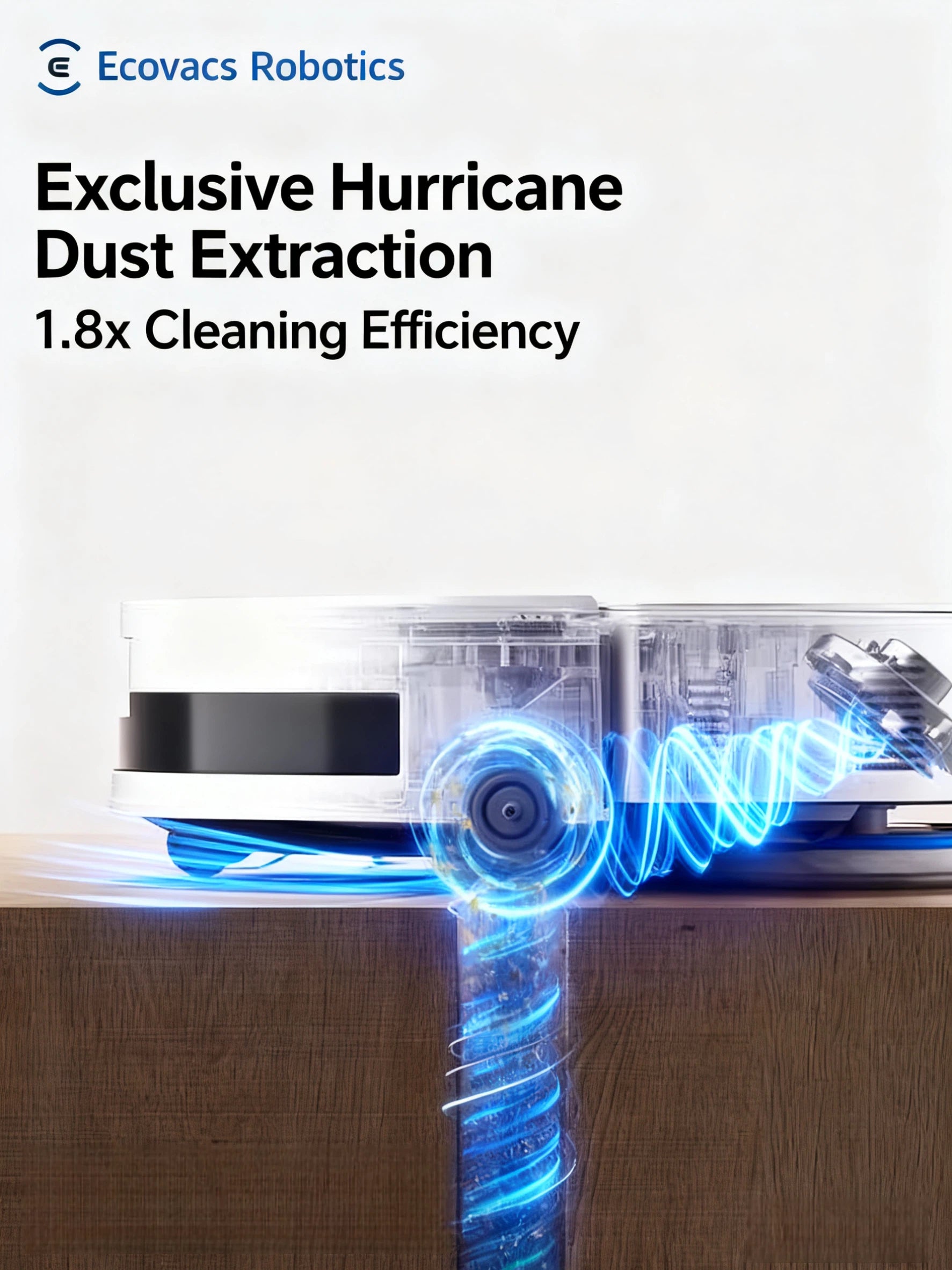 A side-view diagram of the ECOVACS T50 Pro Omni showing its exclusive Hurricane Dust Extraction technology creating a powerful cyclonic force to pull dirt from surfaces, resulting in 1.8x greater cleaning efficiency.