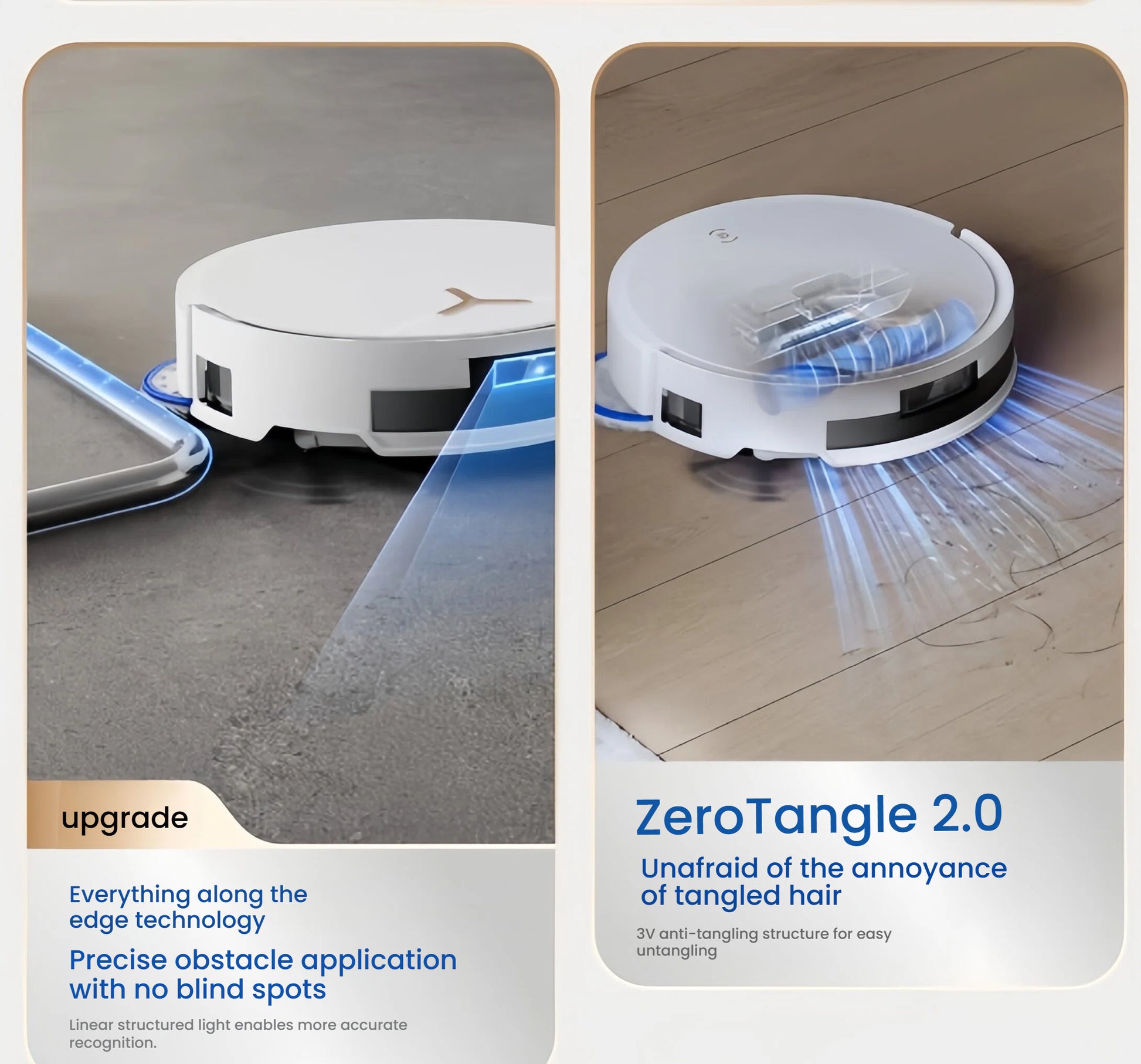  A split-panel image showcasing two key features of the ECOVACS T50 Pro Omni. On the left, the vacuum uses structured light for precise obstacle detection along edges. On the right, the ZeroTangle 2.0 anti-tangling structure is shown easily suctioning hair.
