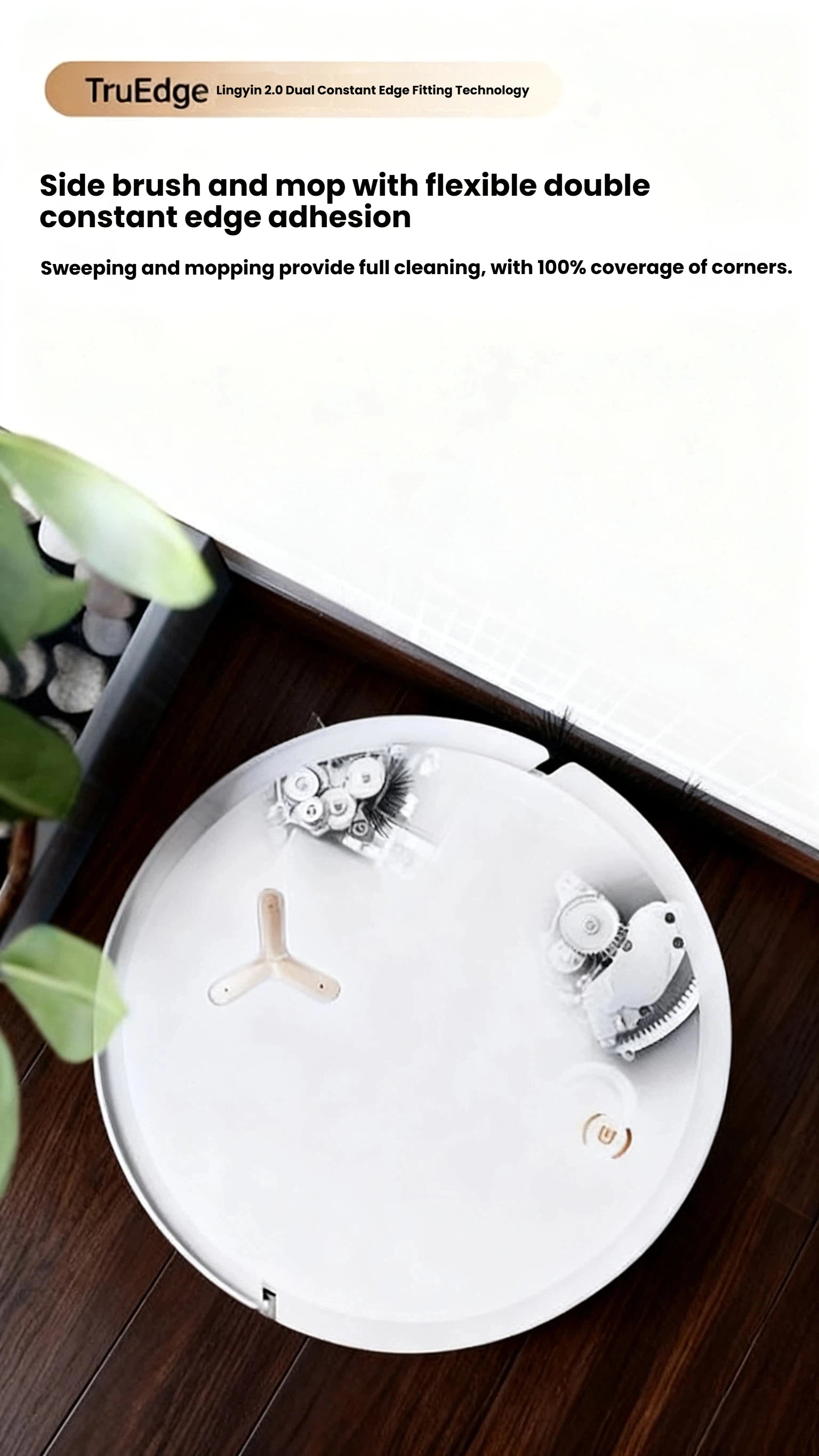 A top-down view of the ECOVACS T50 Pro Omni using its TruEdge Lingyin 2.0 technology. The side brush and mop pads flexibly extend to the wall, ensuring full cleaning with 100% coverage of corners.