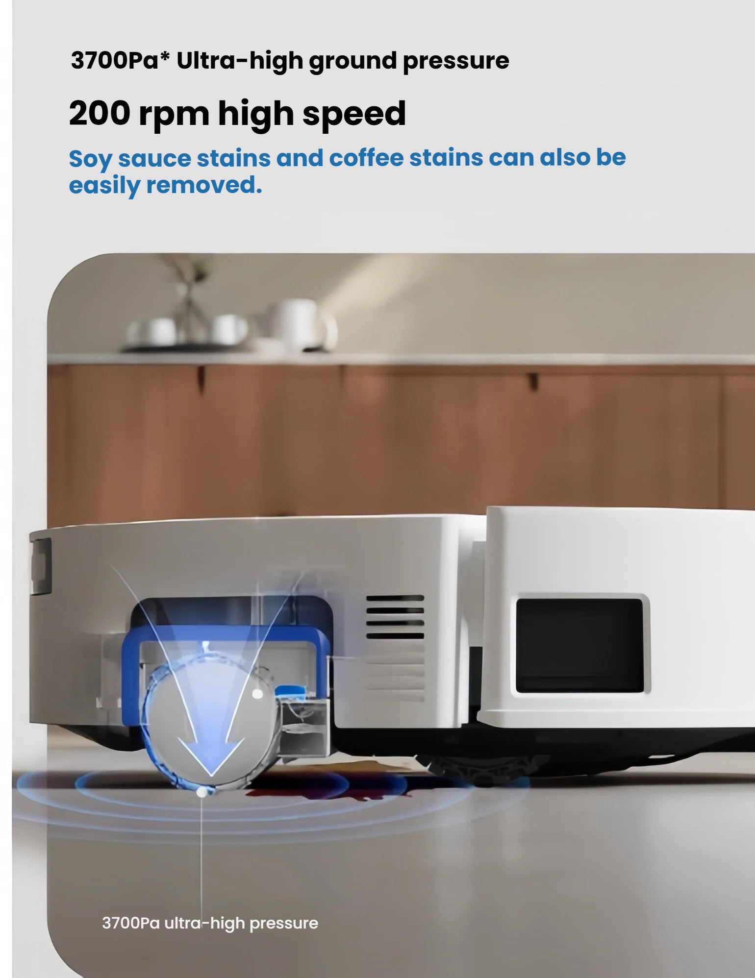 A close-up view of the ECOVACS DEEBOT T80 OMNI's mopping roller easily cleaning a dark liquid spill, highlighting its 3700Pa ultra-high ground pressure and 200 rpm high-speed rotation.
