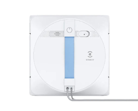 Top-down view of the white ECOVACS WINBOT W1S window cleaning robot, showing the power button, blue handle, and the power cord connection point.