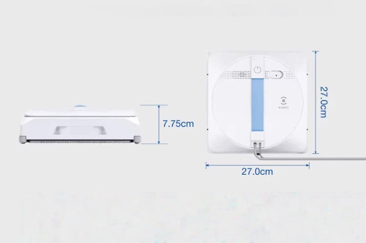 A clear diagram showing the precise measurements of the compact ECOVACS WINBOT W1S, which is 27cm long, 27cm wide, and has a slim profile of 7.75cm.
