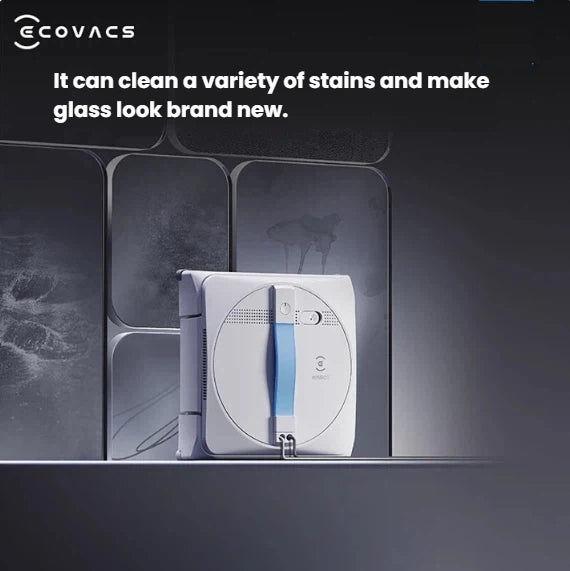 The WINBOT W1S robot cleaner effortlessly removing smudges and stains from a modern, dark-paneled glass wall, making the surface look brand new.