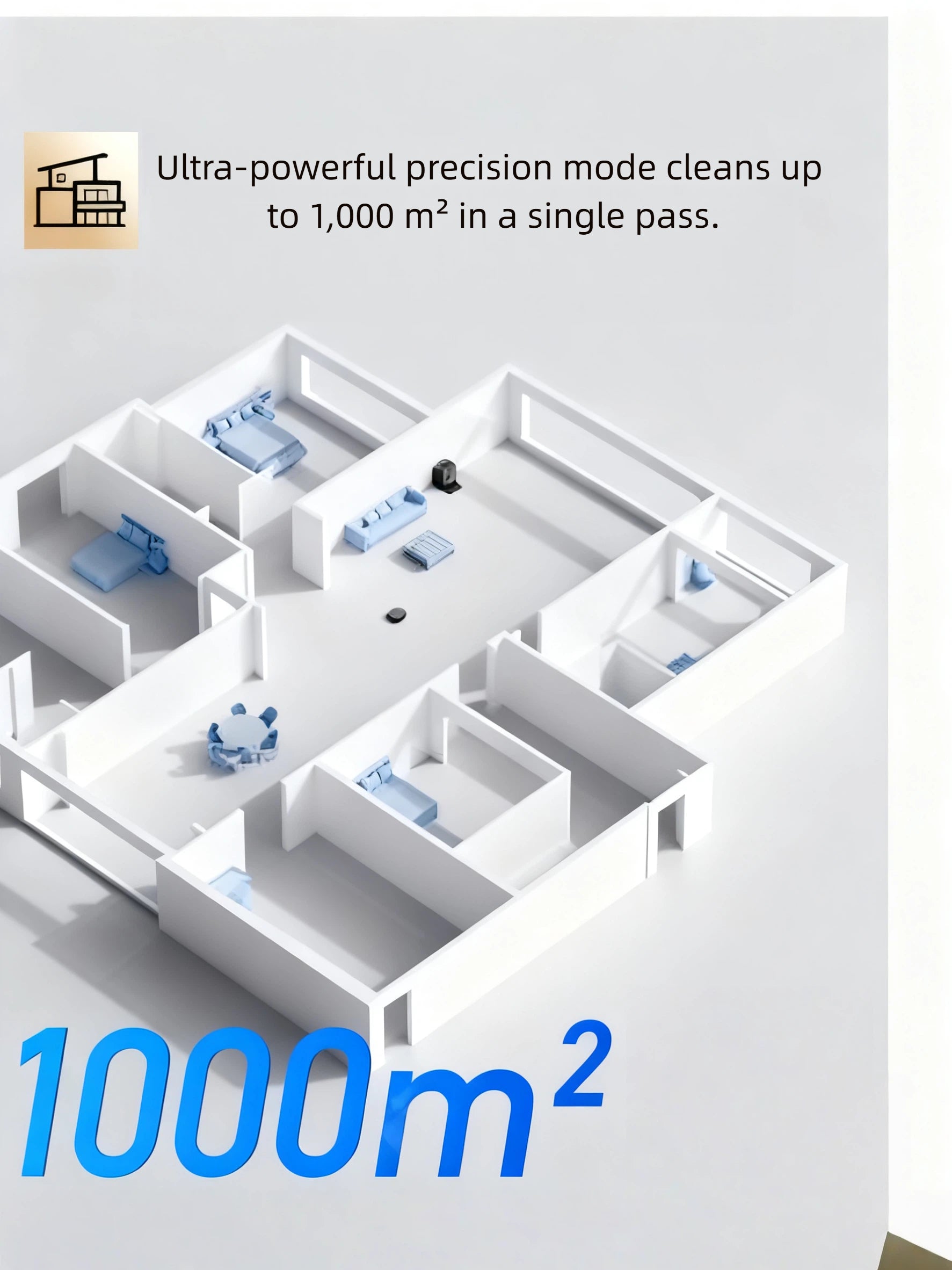 An illustration of a large, multi-room floor plan being cleaned by the ECOVACS X11 Omni, demonstrating its ultra-powerful precision mode that covers up to 1,000 square meters in one go.
