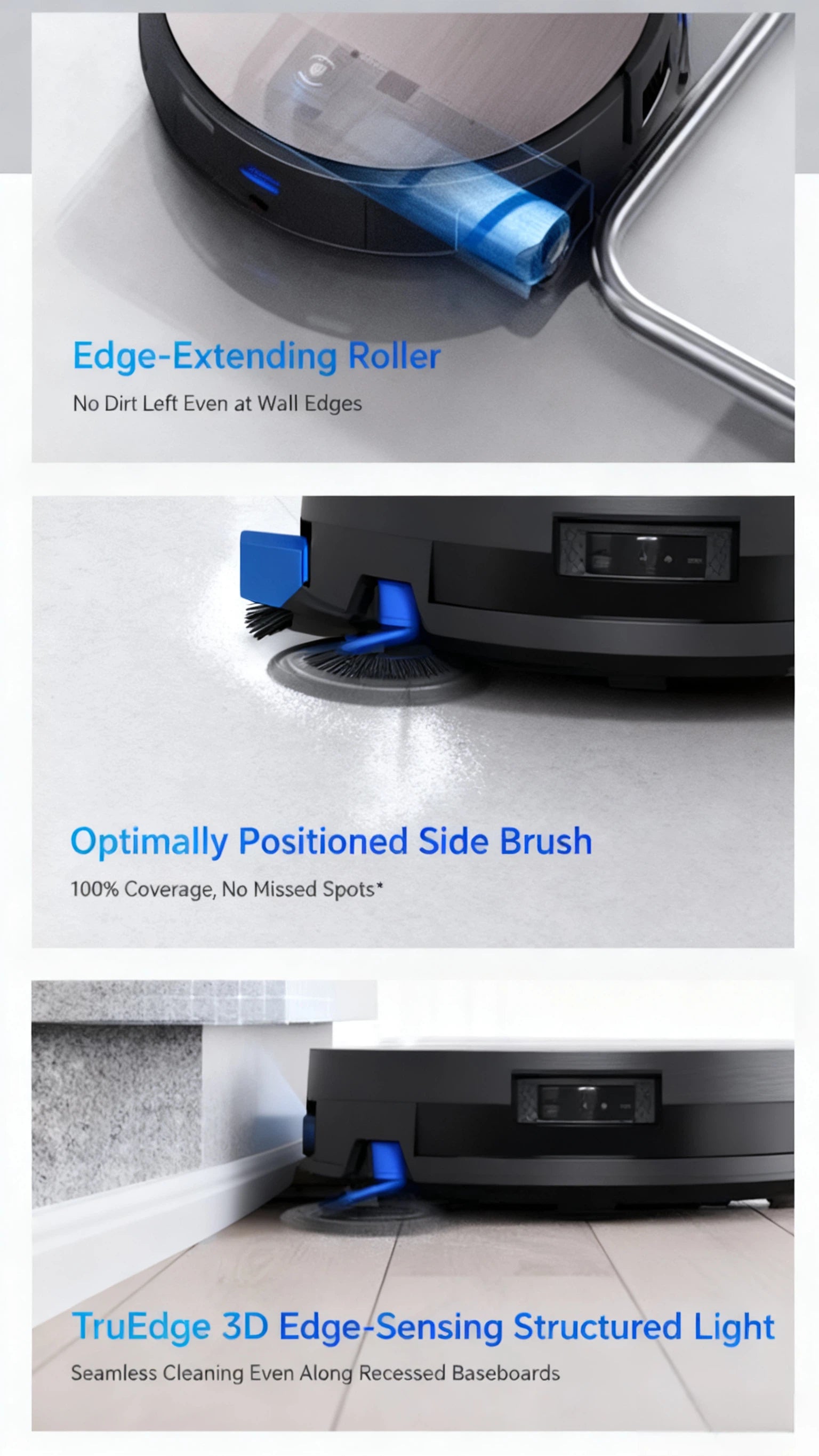 A collage of three images detailing the ECOVACS X11 Omni's edge cleaning capabilities: the Edge-Extending Roller for wall edges, an Optimally Positioned Side Brush for 100% coverage, and TruEdge 3D Edge-Sensing for seamless cleaning along recessed baseboards.