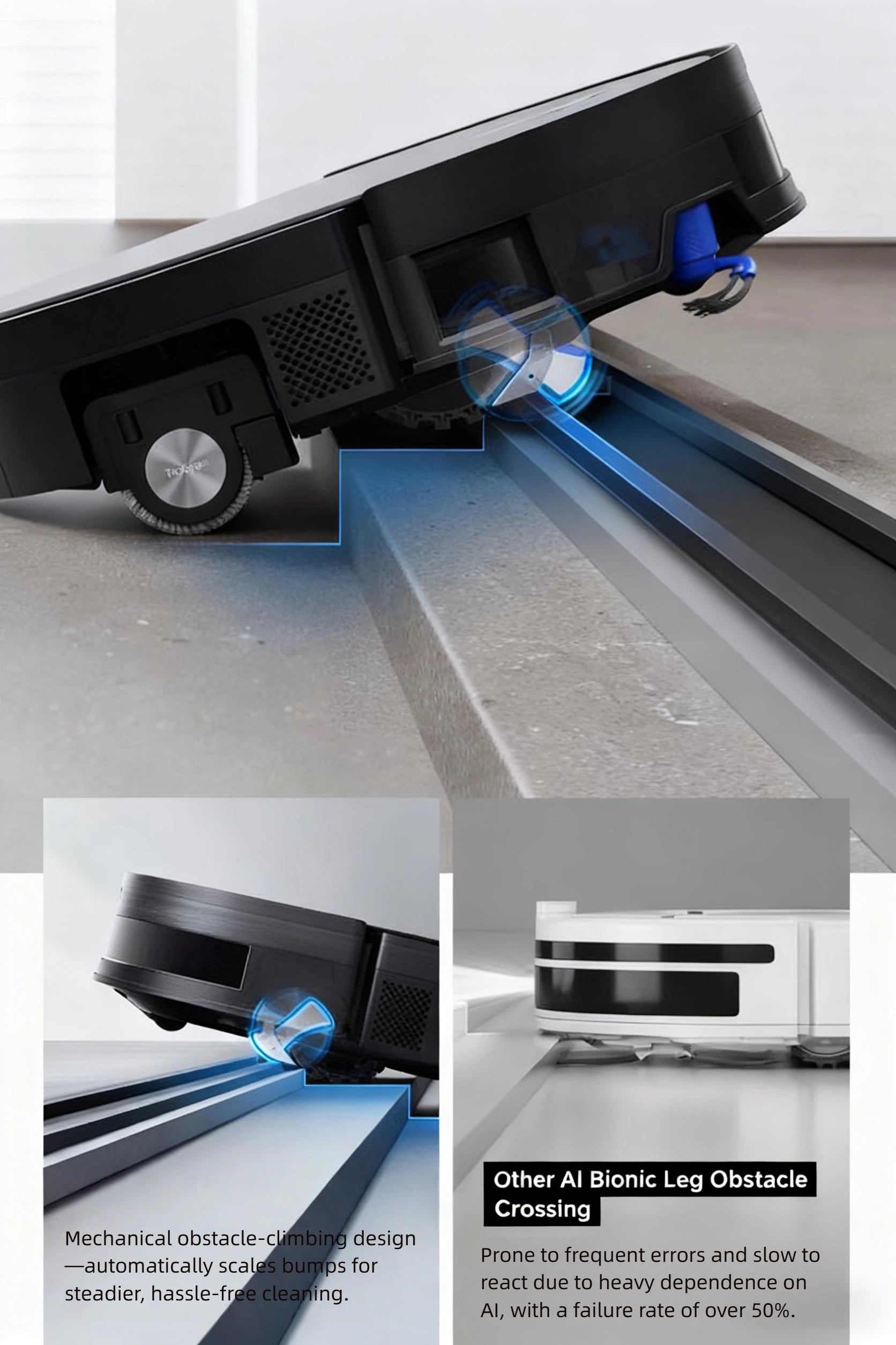 A comparison showing the ECOVACS X11 Omni's mechanical design effortlessly scaling bumps for hassle-free cleaning, contrasted with other AI-dependent models that are prone to errors and have a high failure rate.