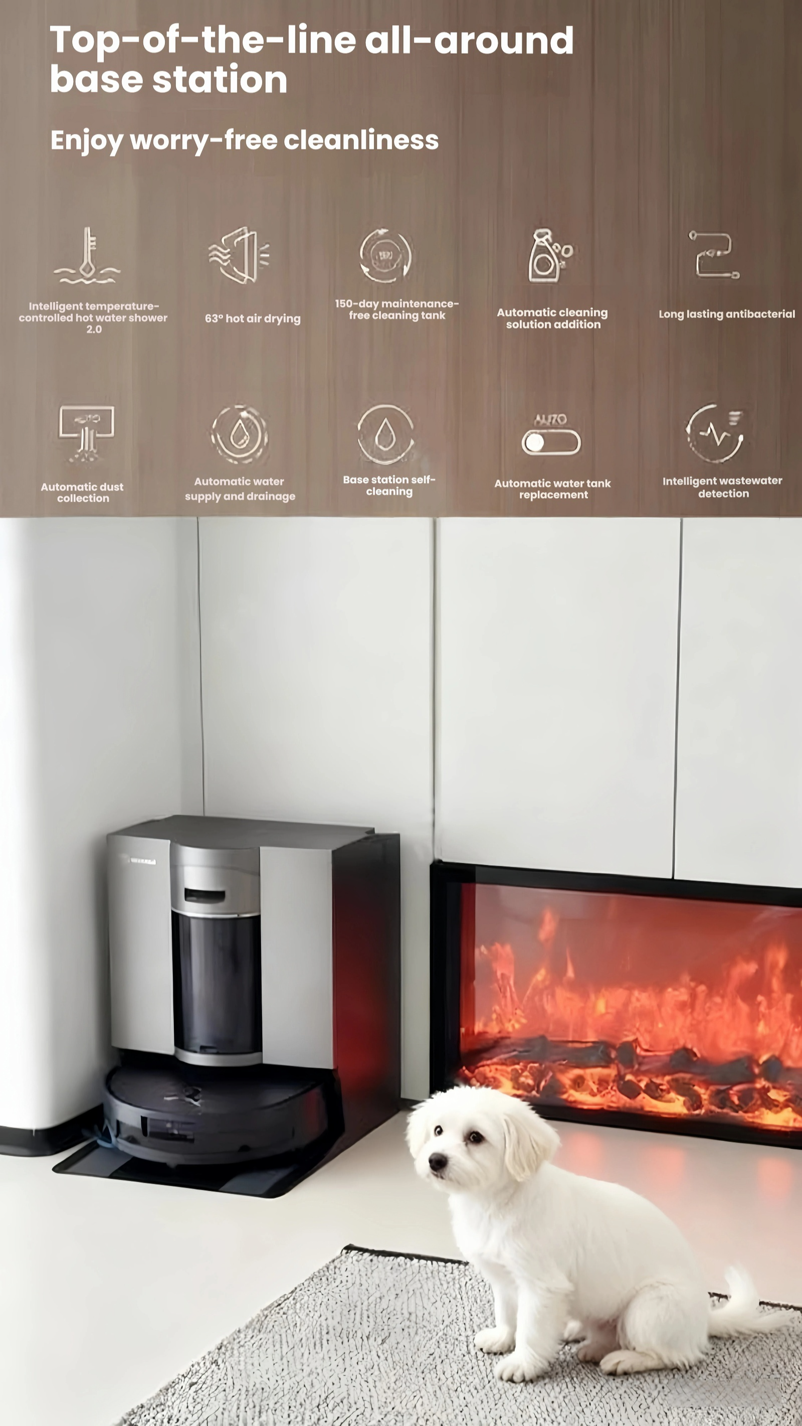 The ECOVACS X11 Omni robot vacuum docked at its sleek, silver all-around base station next to a modern fireplace, with a small white dog sitting nearby. The image highlights features like hot air drying and automatic dust collection for worry-free cleanliness.