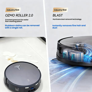 A split-screen showcasing two industry-first features of the ECOVACS X11 Omni. On the left, the OZMO ROLLER 2.0 with constant pressure live water washing removes a stubborn stain. On the right, BLAST hurricane dust removal technology instantly lifts fine hair and dust.