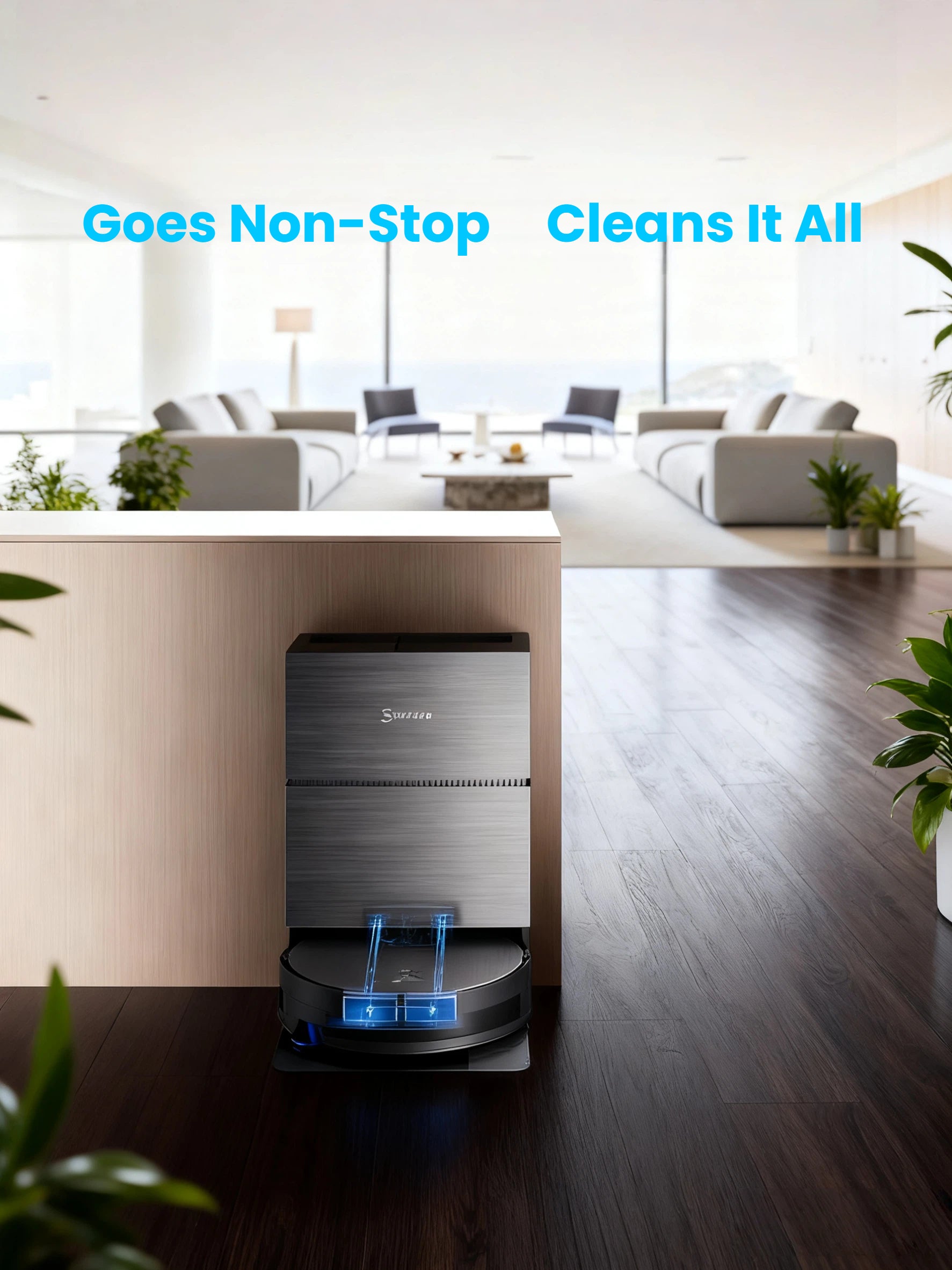 A split image showcasing two industry-first features of the ECOVACS X11 Pro Omni. On the left, the constant pressure active water floor cleaning roller removes a stubborn stain. On the right, the Hurricane dust removal technology instantly sucks up fine hair and dust.