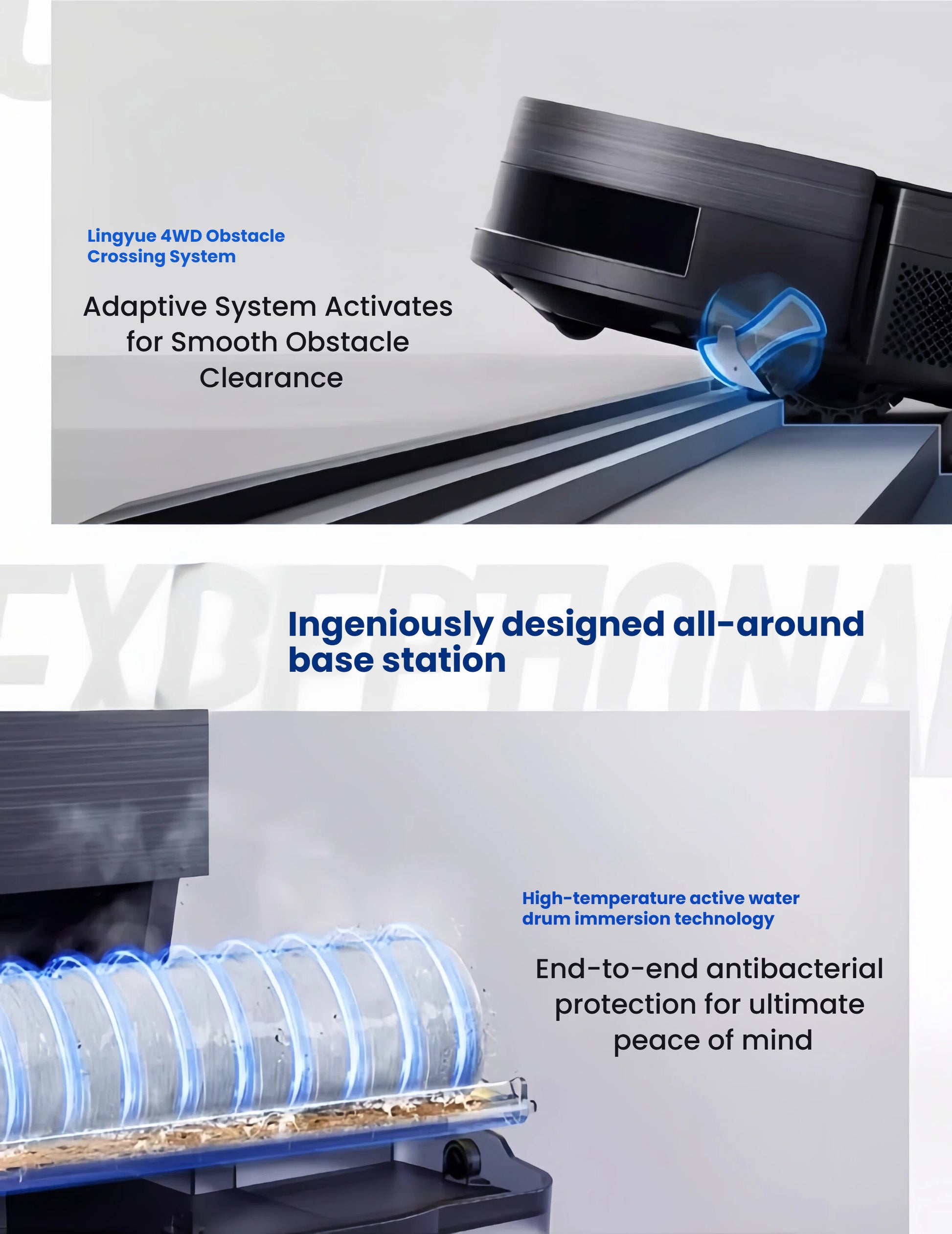 Side view of the ECOVACS X11 Pro Omni robot vacuum easily climbing over a raised track, demonstrating the smooth and adaptive Lingyue 4WD obstacle clearance system in action.