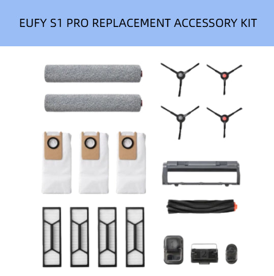 EUFY S1 Pro Replacement Accessory Kit – Includes 2 Main Brushes, 4 Side Brushes, 3 Dust Bags, 4 HEPA Filters, Filter Frame, Rubber Belt, Bumper, Charging Pad & Roller Cover