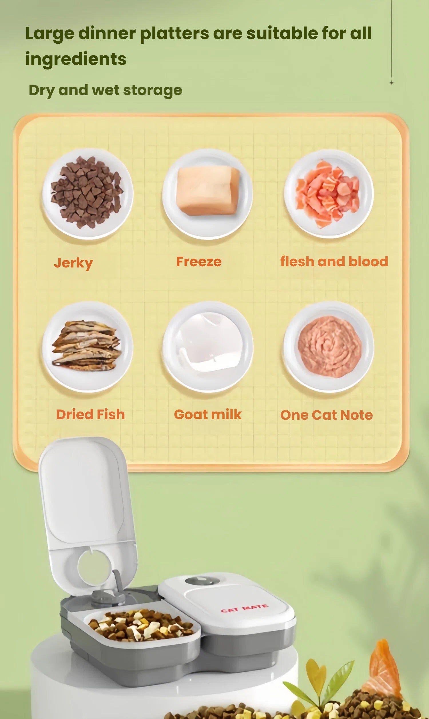 Cat Mate automatic pet feeder components submerged in water, demonstrating easy disassembly and dishwasher-safe parts for a cleaner pet feeding environment.
