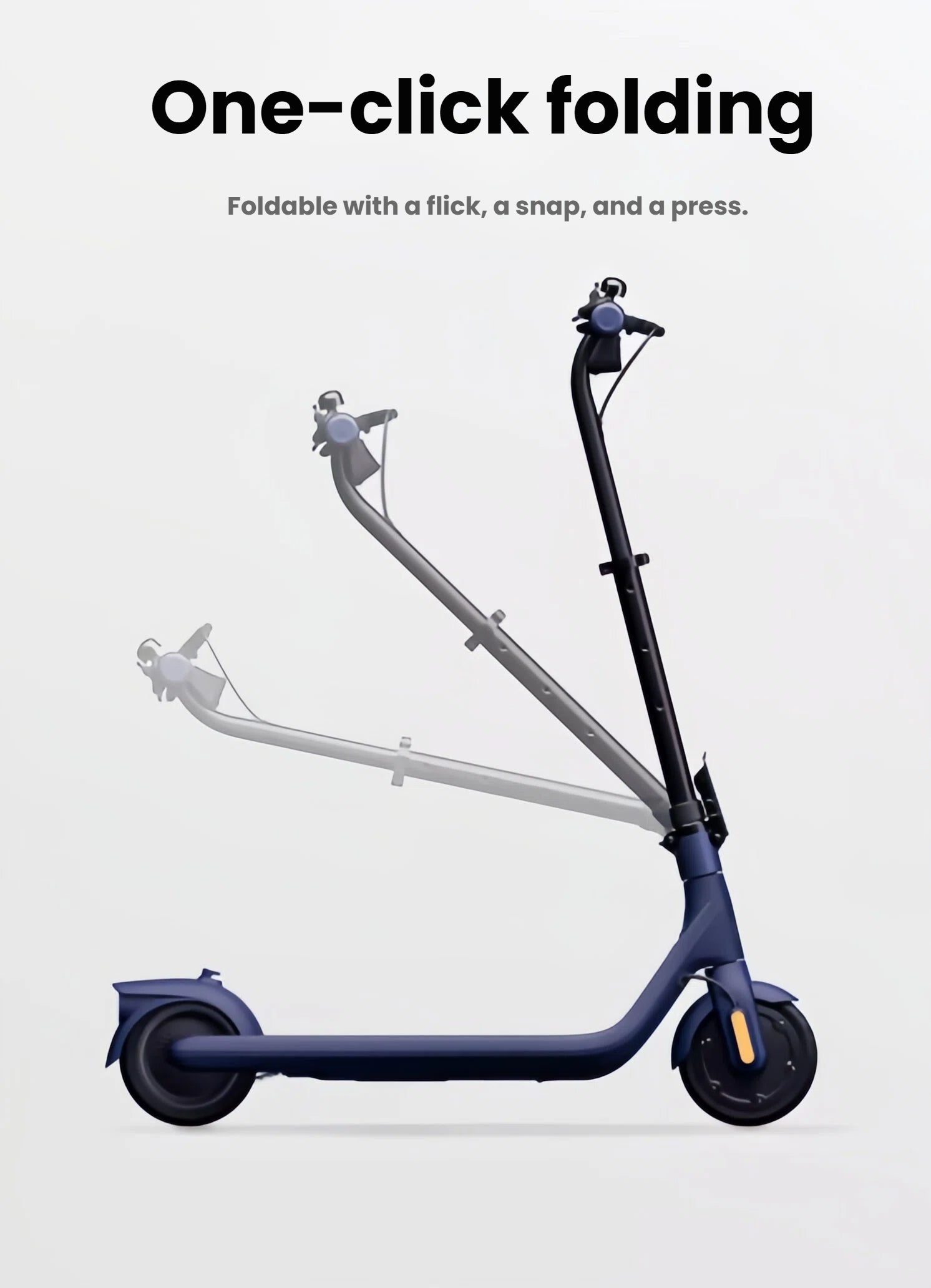 A diagram illustrating the simple and convenient one-click folding mechanism of the Segway C2 Pro kids' electric scooter for easy storage and transport.
