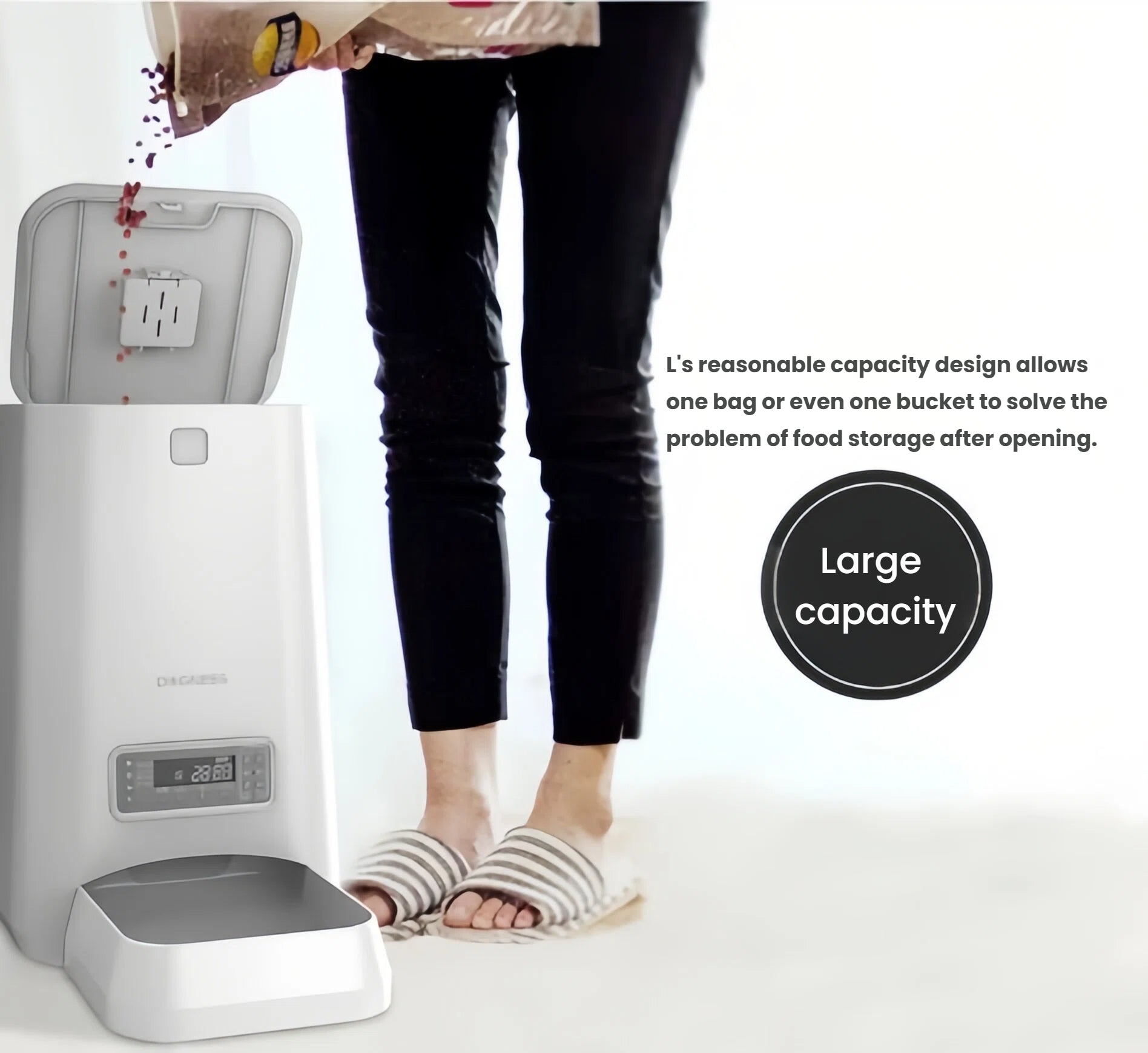 Person pouring dry food into the top-opening hopper of the white Dogness 6L feeder, highlighting large-capacity storage.