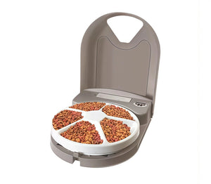 Eatwell 5 Meal automatic pet feeder with dry kibble loaded into each of the four food compartments — perfect for scheduled meals and portion control