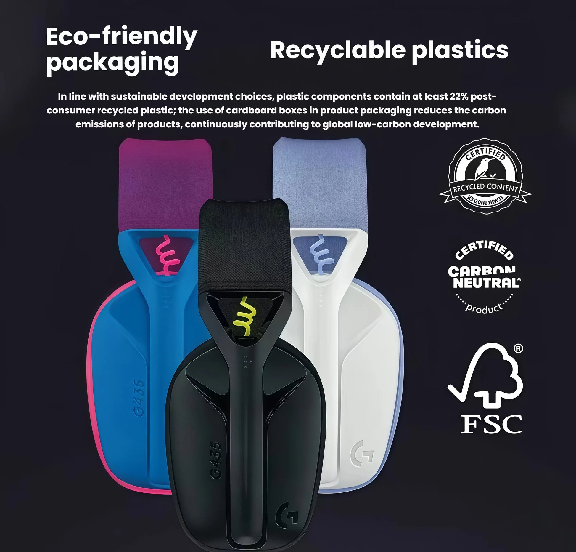  Overhead view of black, white, and blue G435 headsets with FSC and carbon-neutral badges, emphasizing sustainable materials and packaging.