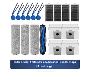 Ecovacs cleaning tool kit with roller brush, filters, side brushes, roller mops, and dust bags on a white background.