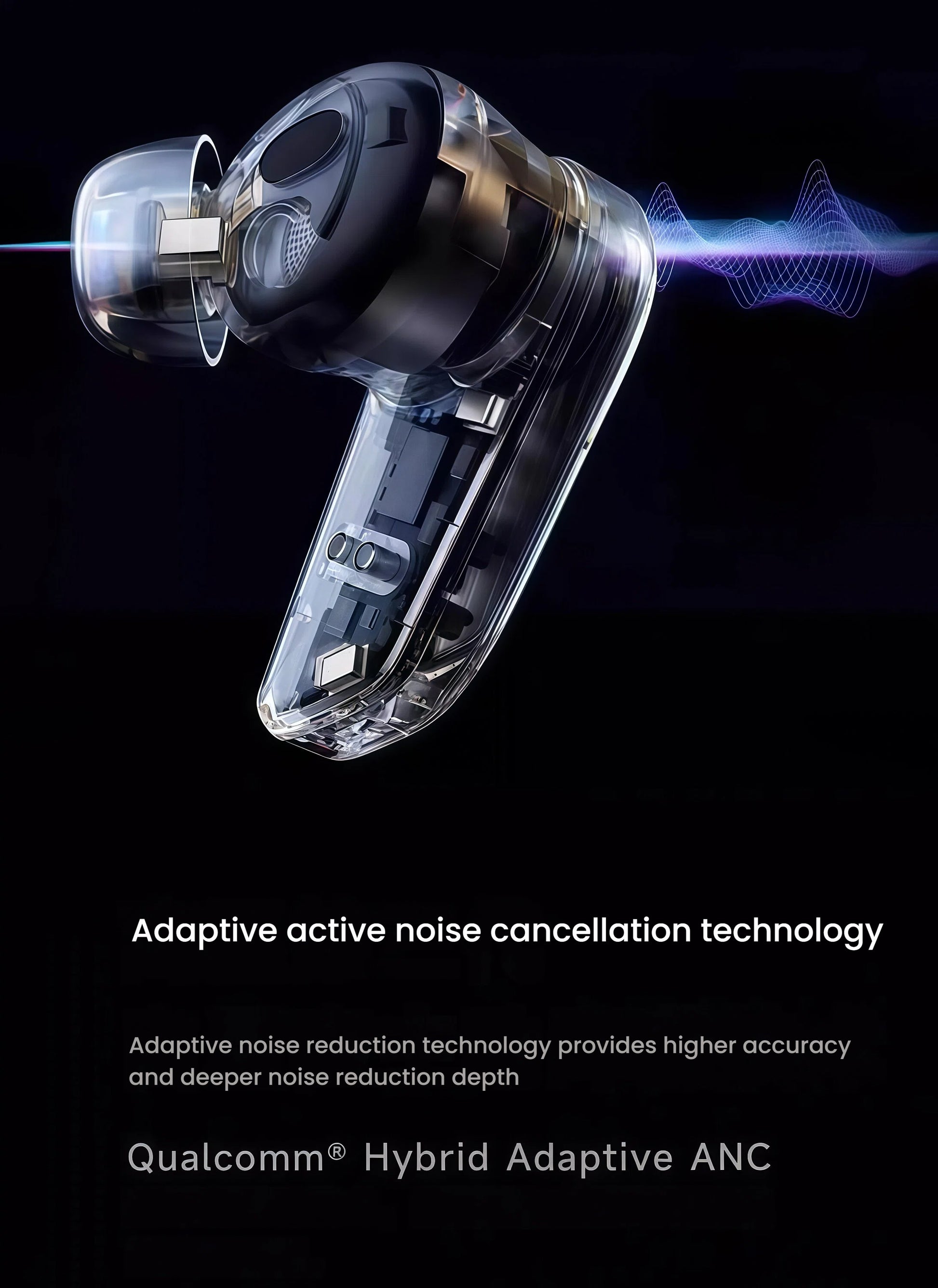Transparent view of Edifier S10 earbud revealing internal components and adaptive active noise cancellation technology powered by Qualcomm® Hybrid Adaptive ANC.