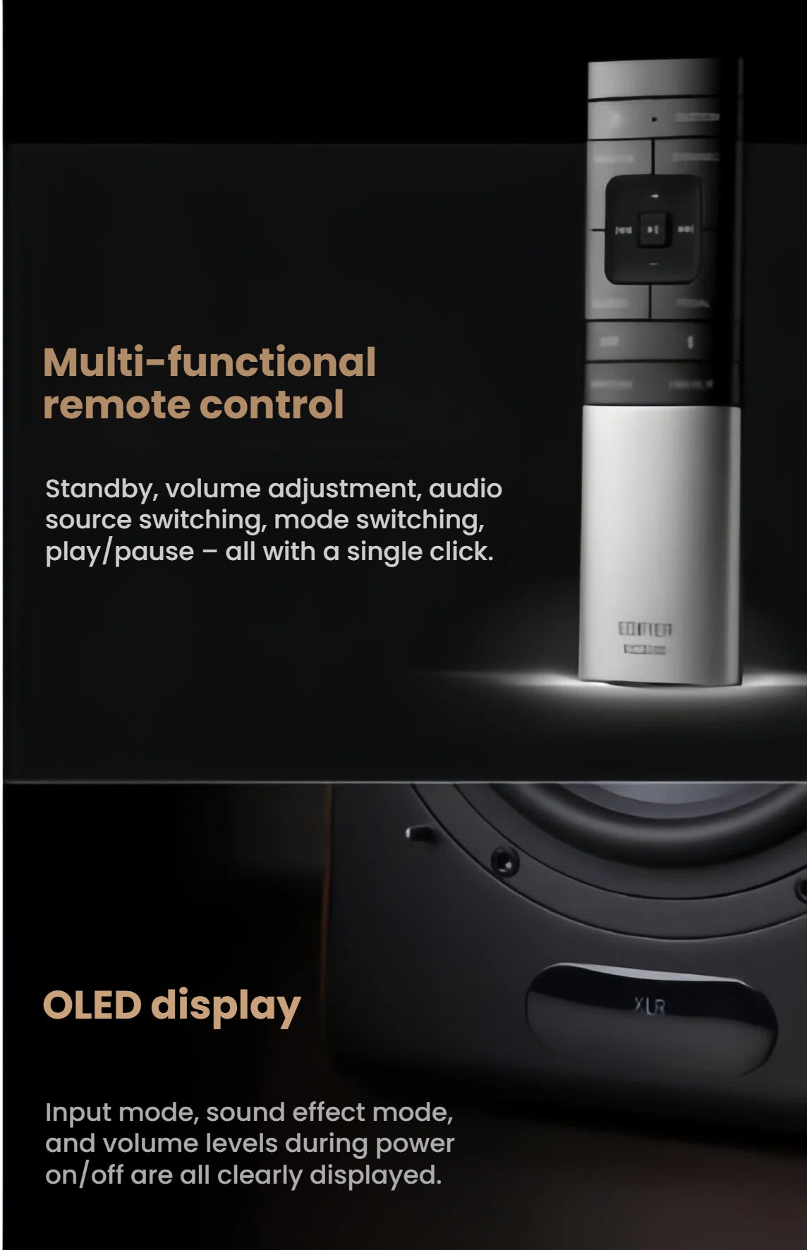A composite image showing the sleek, multi-functional remote control for the Edifier S3000MKII and a close-up of the speaker's clear OLED display, which shows input mode, sound effect, and volume levels.