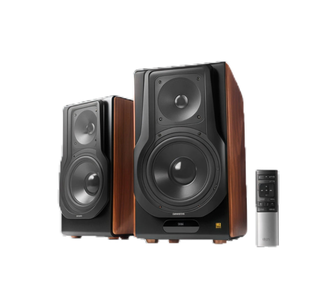 A pair of Edifier S3000MKII active bookshelf speakers with dark wood side panels and a black matte finish, shown with the included silver and black remote control. These are Hi-Res Audio certified wireless speakers.