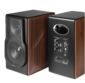 A front and rear view of the Edifier S3000MKII speaker, highlighting the extensive connectivity panel on the back. It shows various inputs including balanced XLR, USB, Optical, Coaxial, and RCA for versatile source connection.