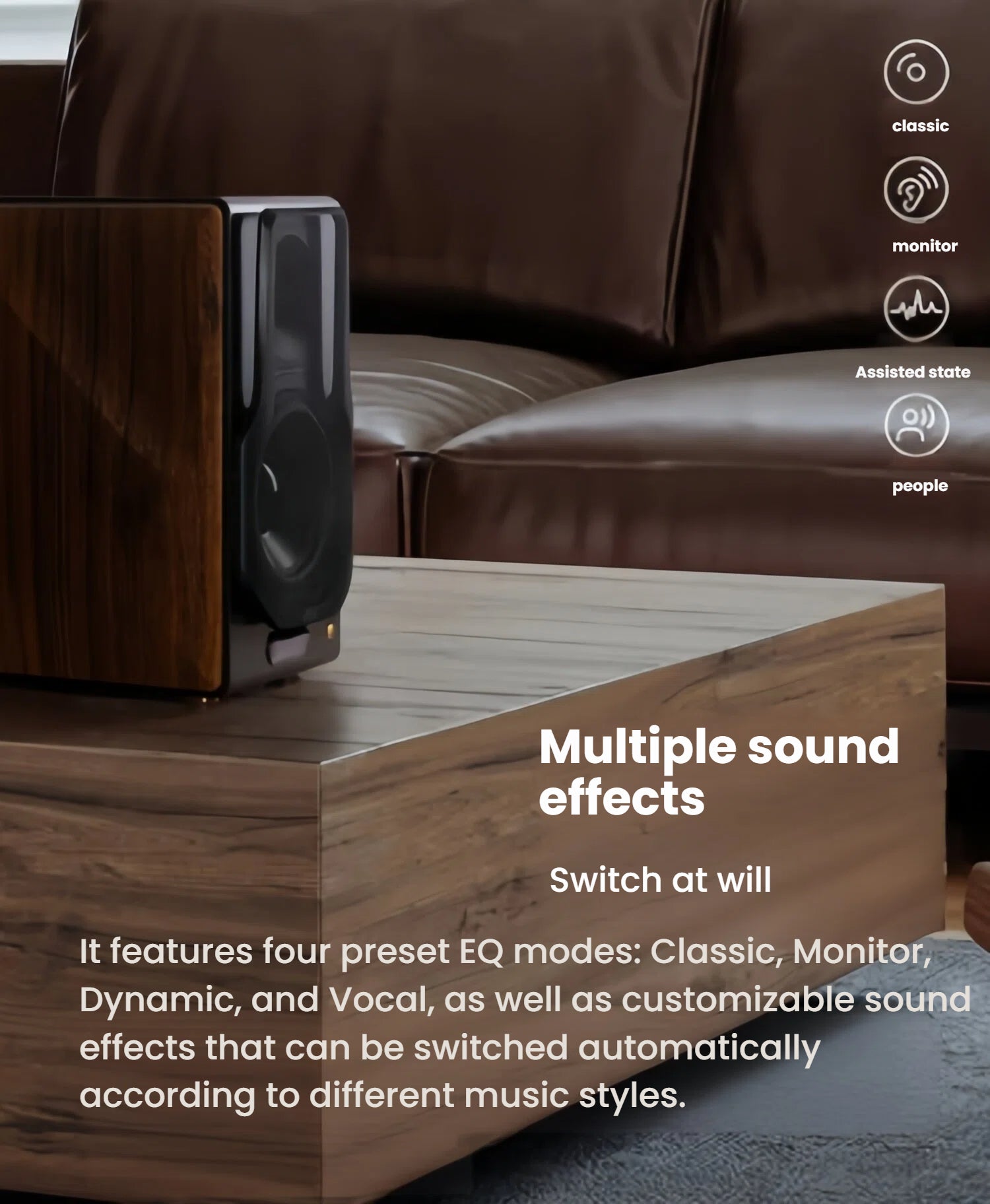 An Edifier S3000MKII speaker on a wooden table, showcasing its multiple sound effects feature. The graphic lists four preset EQ modes—Classic, Monitor, Dynamic, and Vocal—for customizable sound tailored to different music styles.