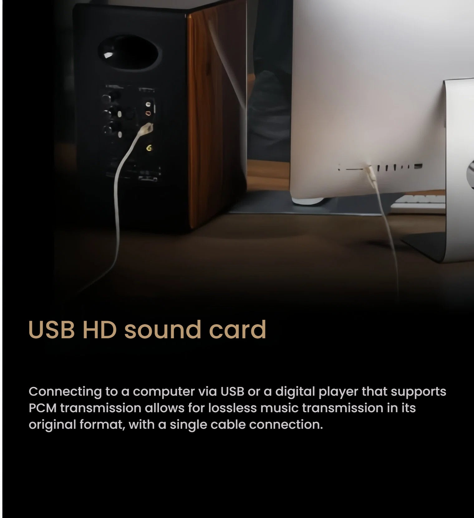 An image demonstrating the Edifier S3000MKII's USB HD sound card capability, with a USB cable connecting the speaker directly to a computer for single-cable, lossless music transmission in its original high-resolution format.
