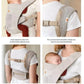 Close-up features of Ergobaby Aerloom baby carrier: adjustable seat width, curved breathable mesh shoulder straps, zippered waist pockets for storage, and FormaKnit fabric that conforms to body shape.