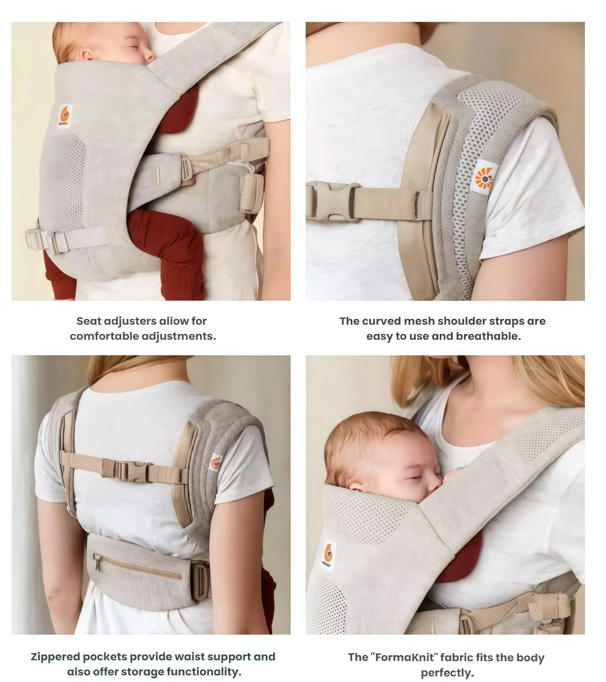 Close-up features of Ergobaby Aerloom baby carrier: adjustable seat width, curved breathable mesh shoulder straps, zippered waist pockets for storage, and FormaKnit fabric that conforms to body shape.