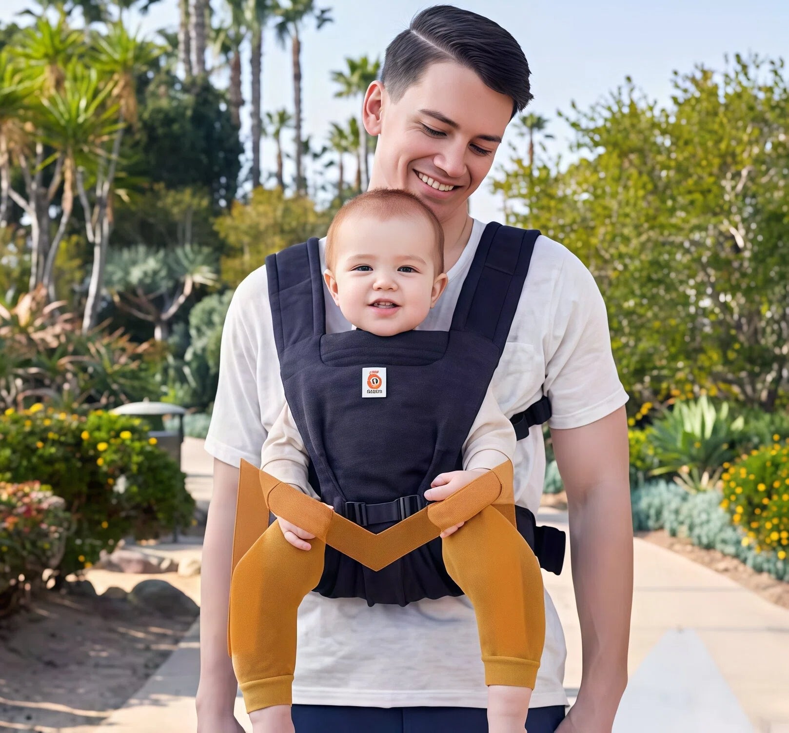 Father wearing Ergobaby Aerloom baby carrier in navy, carrying toddler in front-outward position. Lightweight and ergonomic baby carrier suitable for both moms and dads.