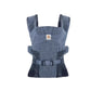 Front view of Ergobaby Aerloom baby carrier in dark blue grey color. Lightweight structured carrier with breathable mesh panels and padded shoulder straps.