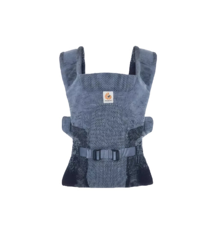 Front view of Ergobaby Aerloom baby carrier in dark blue grey color. Lightweight structured carrier with breathable mesh panels and padded shoulder straps.