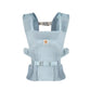 Front view of Ergobaby Aerloom baby carrier in soft mint blue. Lightweight ergonomic baby carrier with breathable mesh fabric, padded shoulder straps, and adjustable waist belt for comfortable babywearing.
