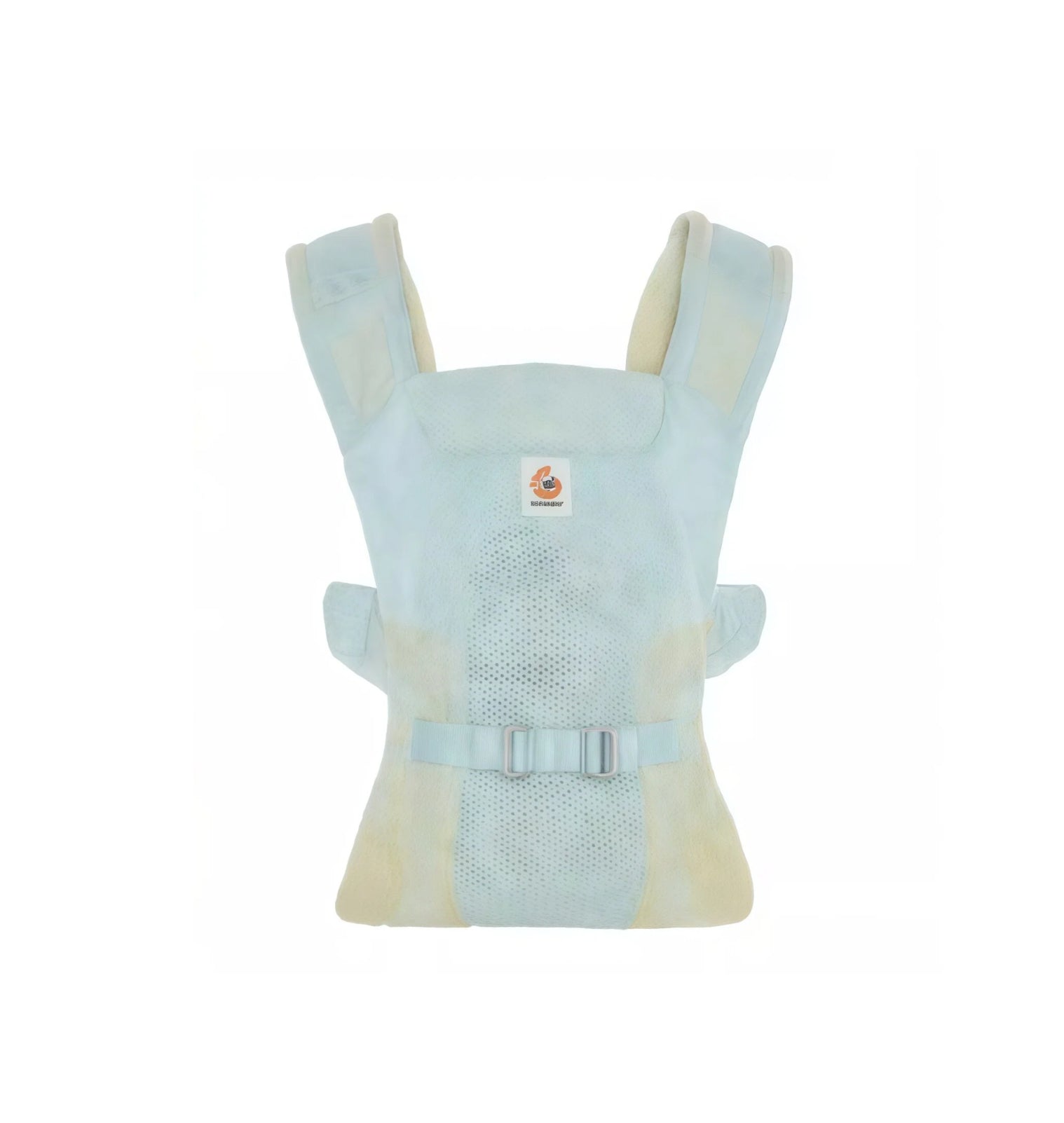 Front view of Ergobaby Aerloom baby carrier in soft mint green color. Ideal for warm weather with breathable FormaKnit fabric and ergonomic design.
