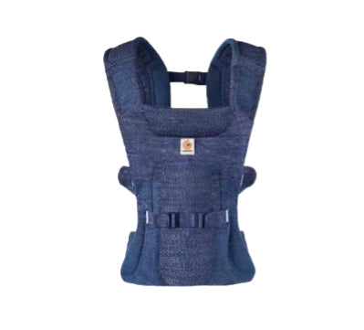 Front view of Ergobaby Aerloom baby carrier in navy blue. Compact, lightweight baby carrier with breathable mesh panels and ergonomic design for all-day comfort.