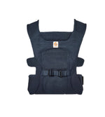 Front view of Ergobaby Aerloom baby carrier in navy blue. Stylish and functional baby carrier with one-handed adjustment system and hip-healthy seating.