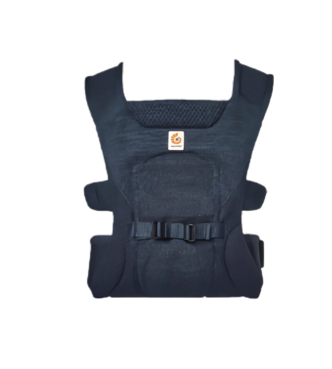 Front view of Ergobaby Aerloom baby carrier in navy blue. Stylish and functional baby carrier with one-handed adjustment system and hip-healthy seating.